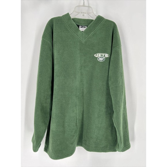Vintage New York Jets Fleece Pullover Size L The Edge India Y2K NFL V Neck Green - Picture 1 of 7